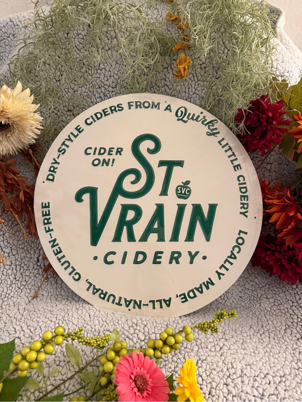 St. Vrain Cidery - Round Wall Sign in Cream and Green